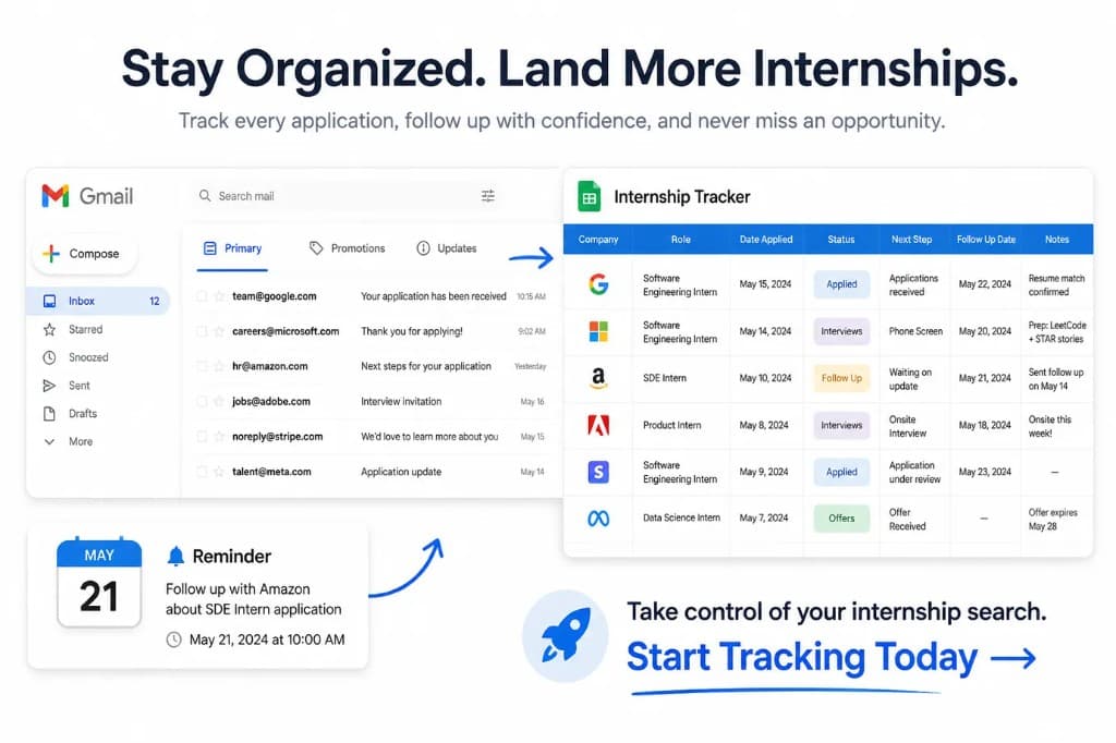 Gmail workflow for tracking summer 2027 internship applications