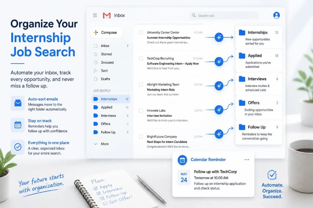 Gmail internship workflow with labels filters and calendar reminders